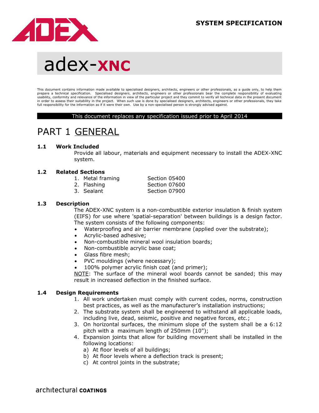 This Document Replaces Any Specification Issued Prior to April 2014