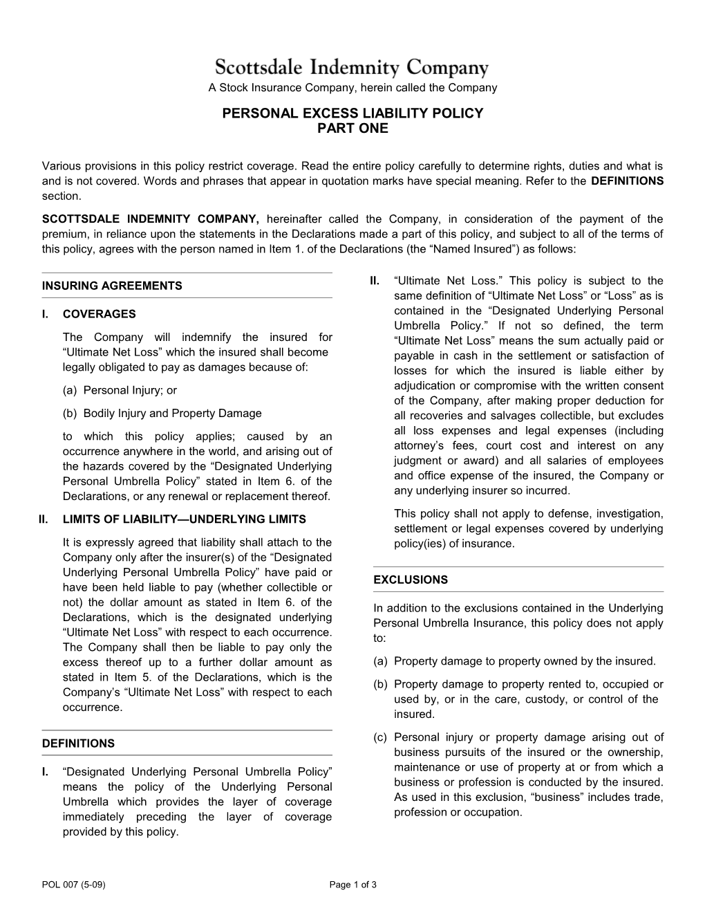 Personal Excess Liability Policy Part One