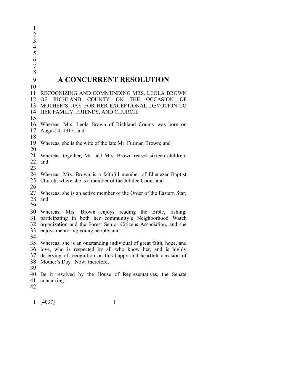 1999-2000 Bill 4037: Mrs. Leola Brown, Resolutions - South Carolina Legislature Online