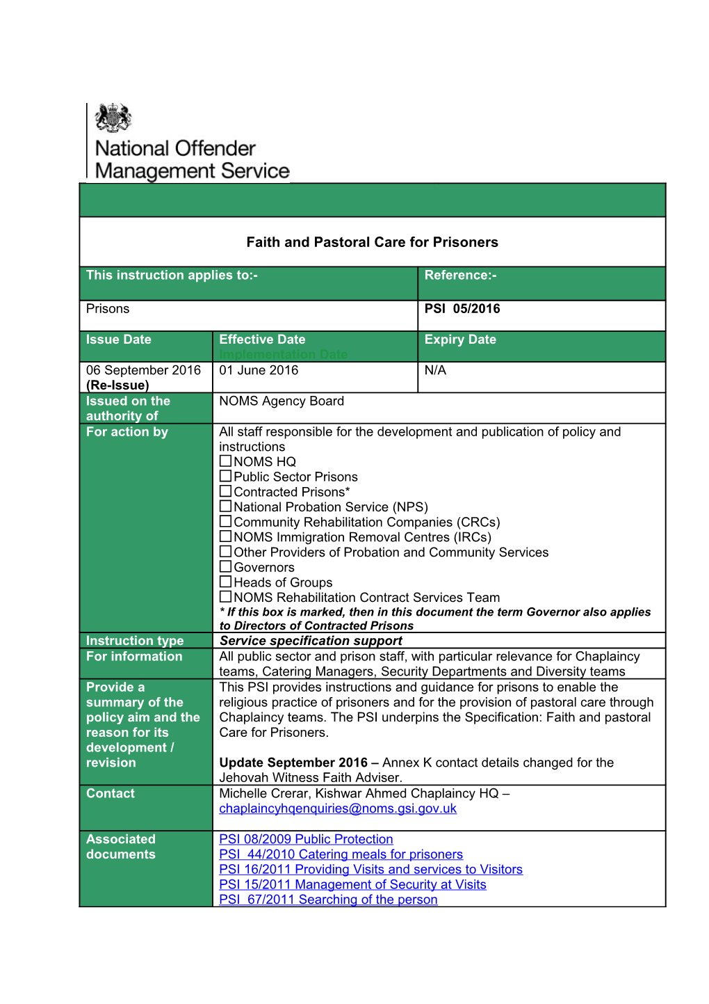 Faith and Pastoral Care for Prisoners - Contents