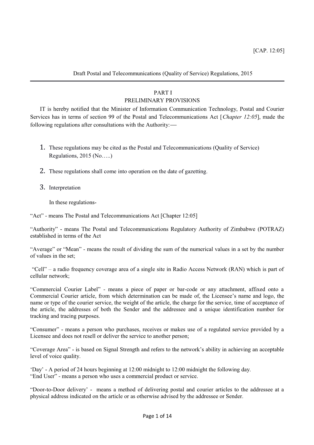 Draft Postal and Telecommunications (Quality of Service) Regulations, 2015
