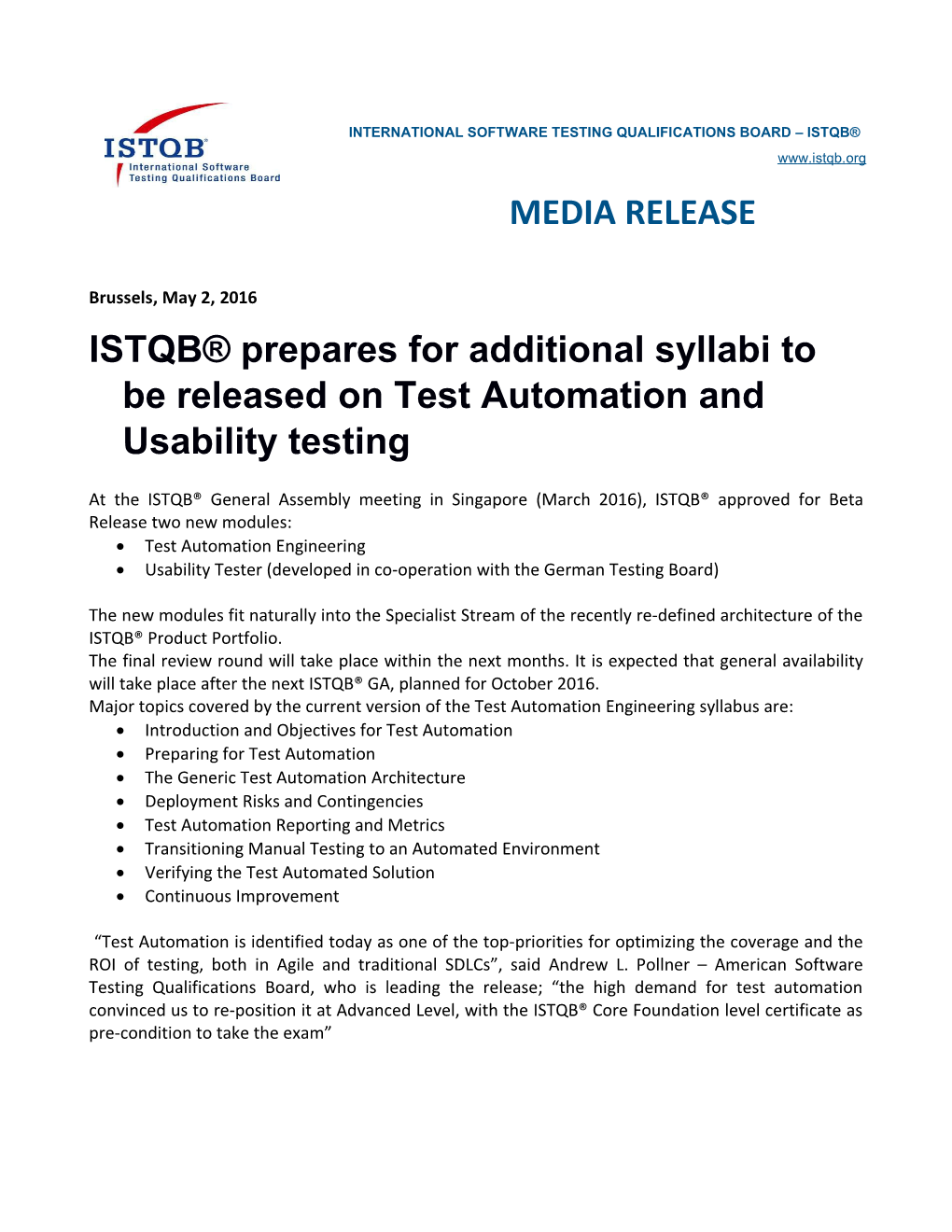 ISTQB Prepares for Additional Syllabi to Be Released on Test Automation and Usability Testing