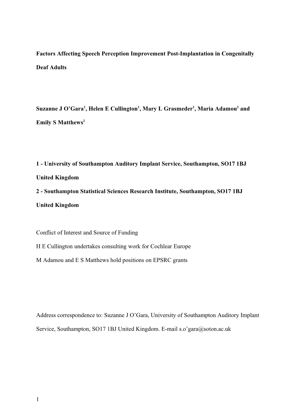 Factors Affecting Speech Perception Improvement Post-Implantation in Congenitally Deaf Adults