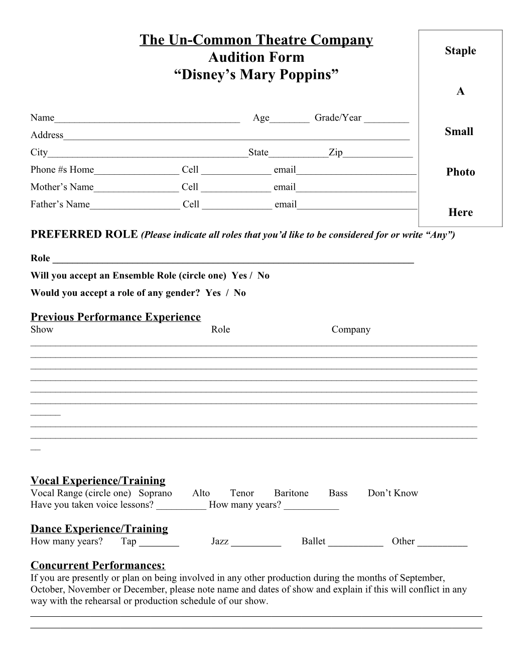 Un-Common Theatre Company Audition Form