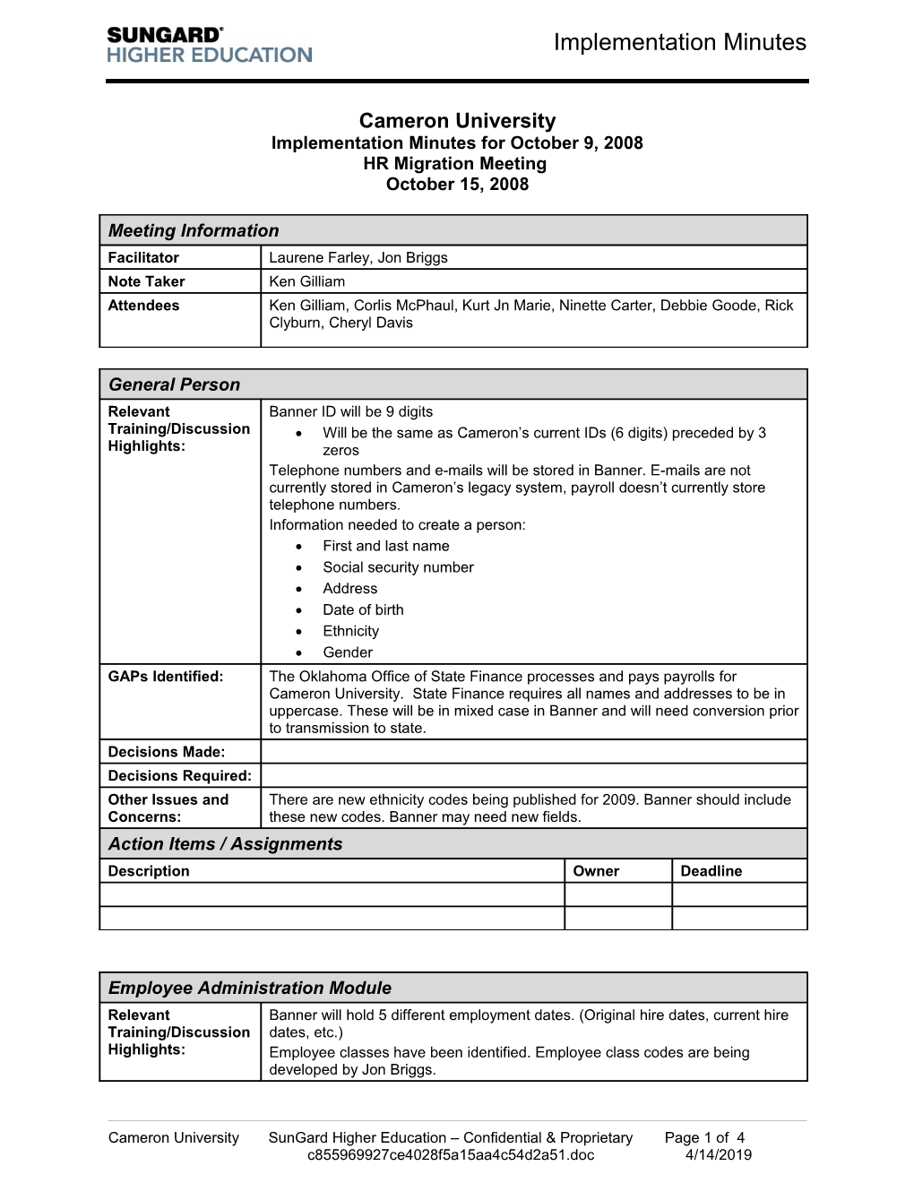 Implementation Minutes for October 9, 2008