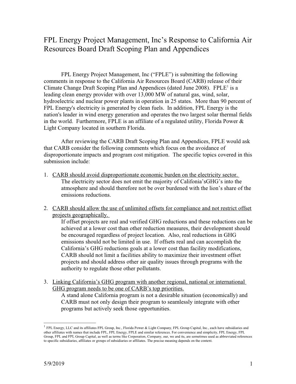 FPL Energy Response to California Air Resources Board Draft Scoping Plan and Appendices