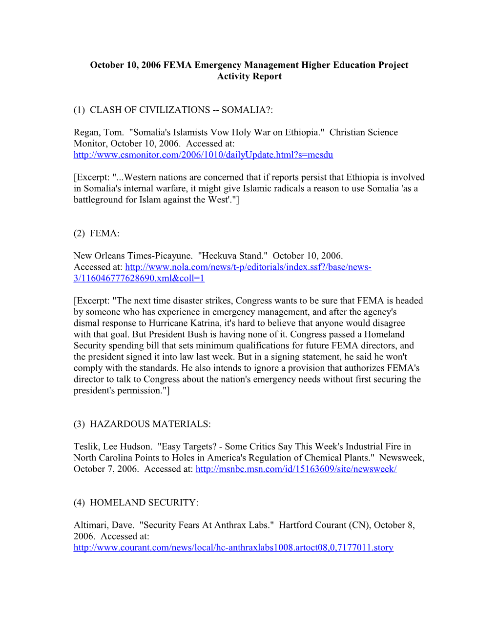 October 10, 2006 FEMA Emergency Management Higher Education Project Activity Report