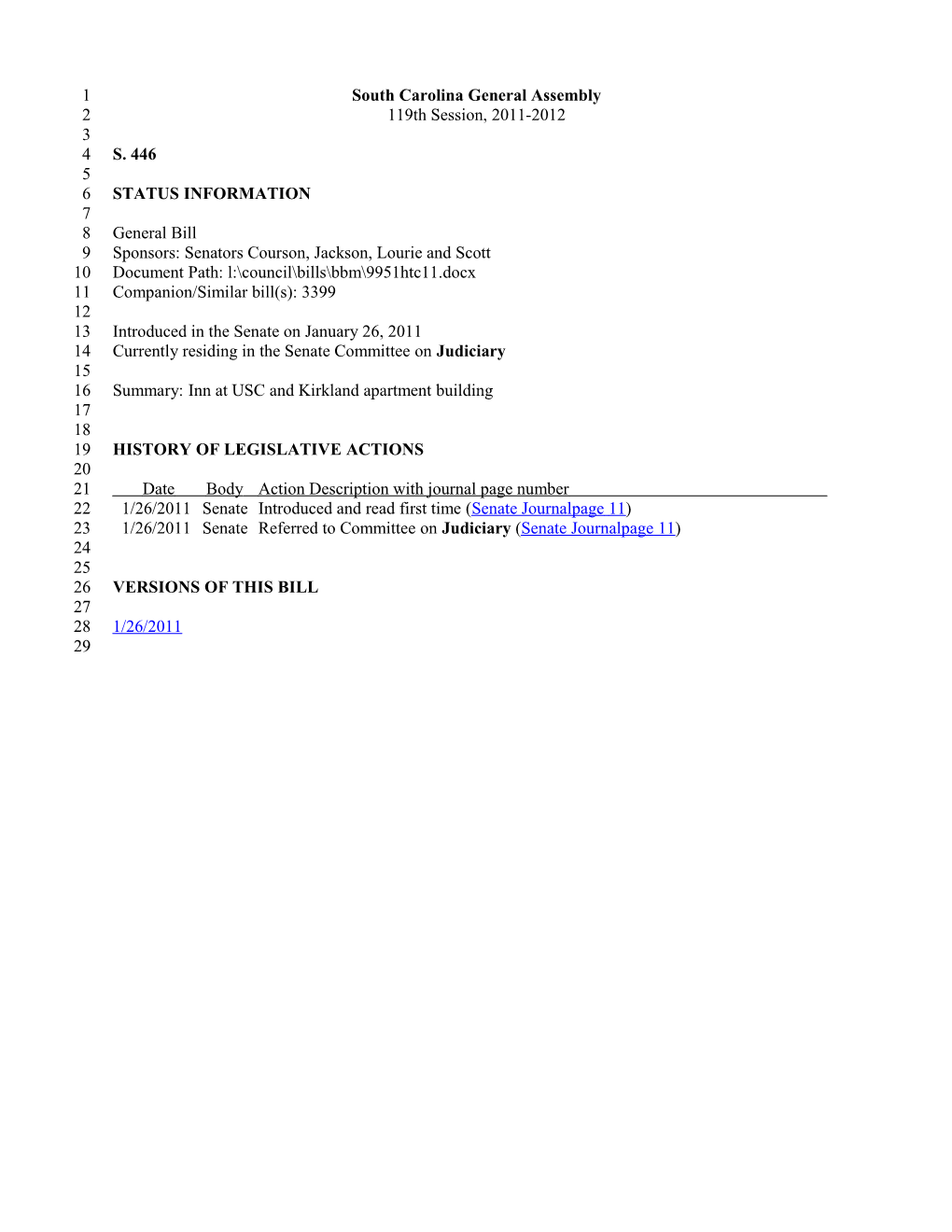 2011-2012 Bill 446: Inn at USC and Kirkland Apartment Building - South Carolina Legislature