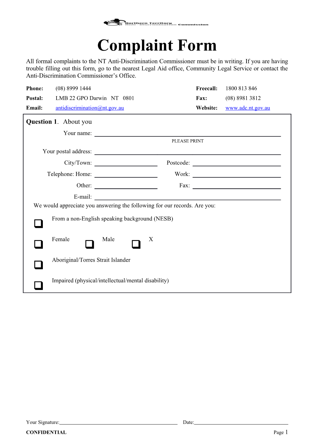 Northern Territory Anti-Discrimination Commission Complaint Form