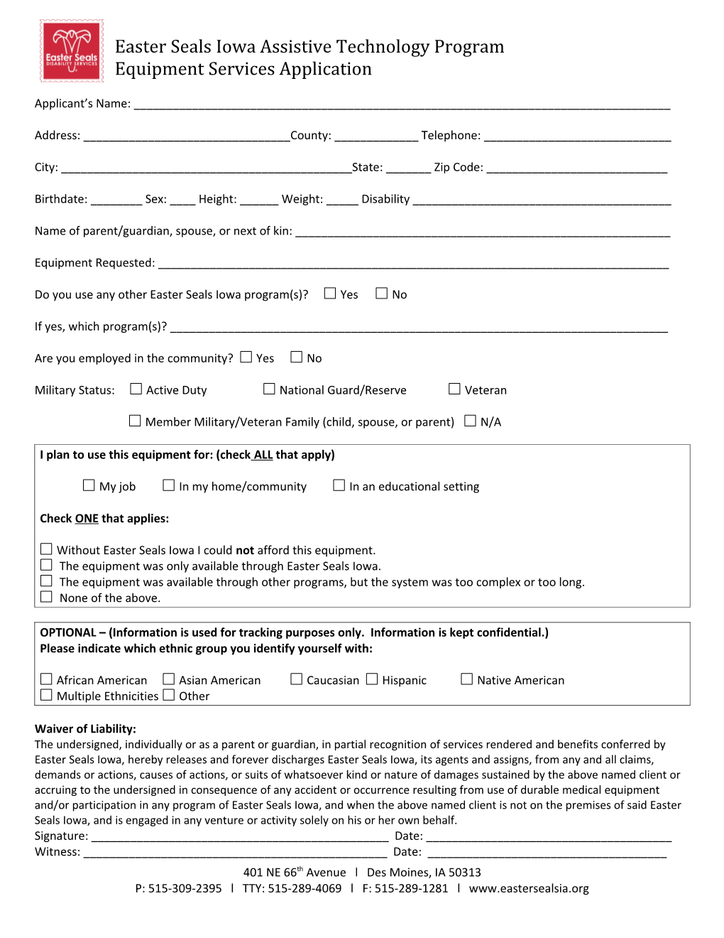 Easter Seals Equipment Services Application