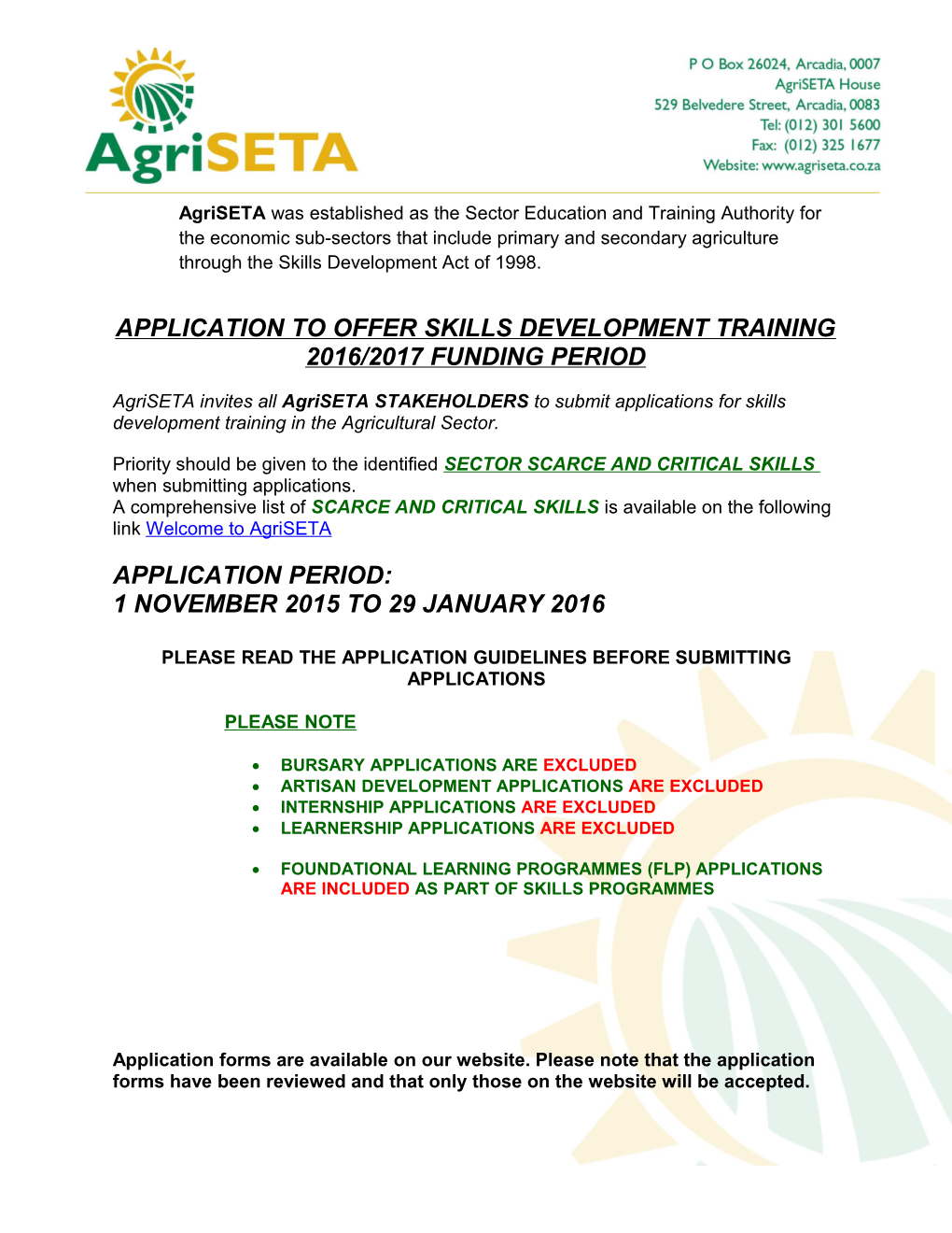 Application to Offer Skills Development Training