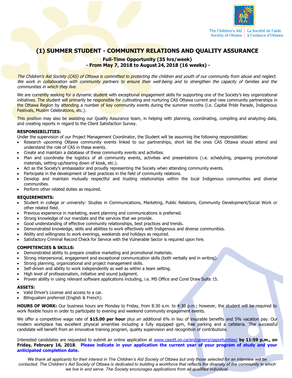 (1) Summer Student - Community Relations and Quality Assurance