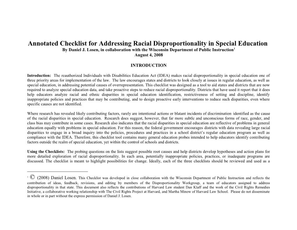 Annotated Checklist for Addressing Racial Disproportionality in Special Education