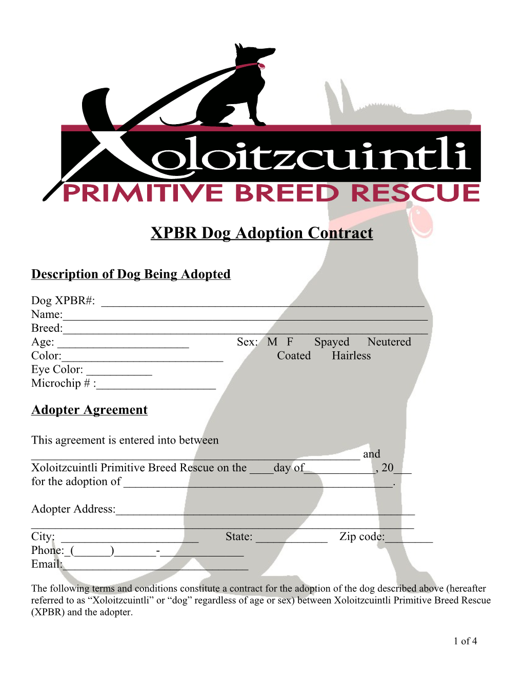 XPBR Dog Adoption Contract