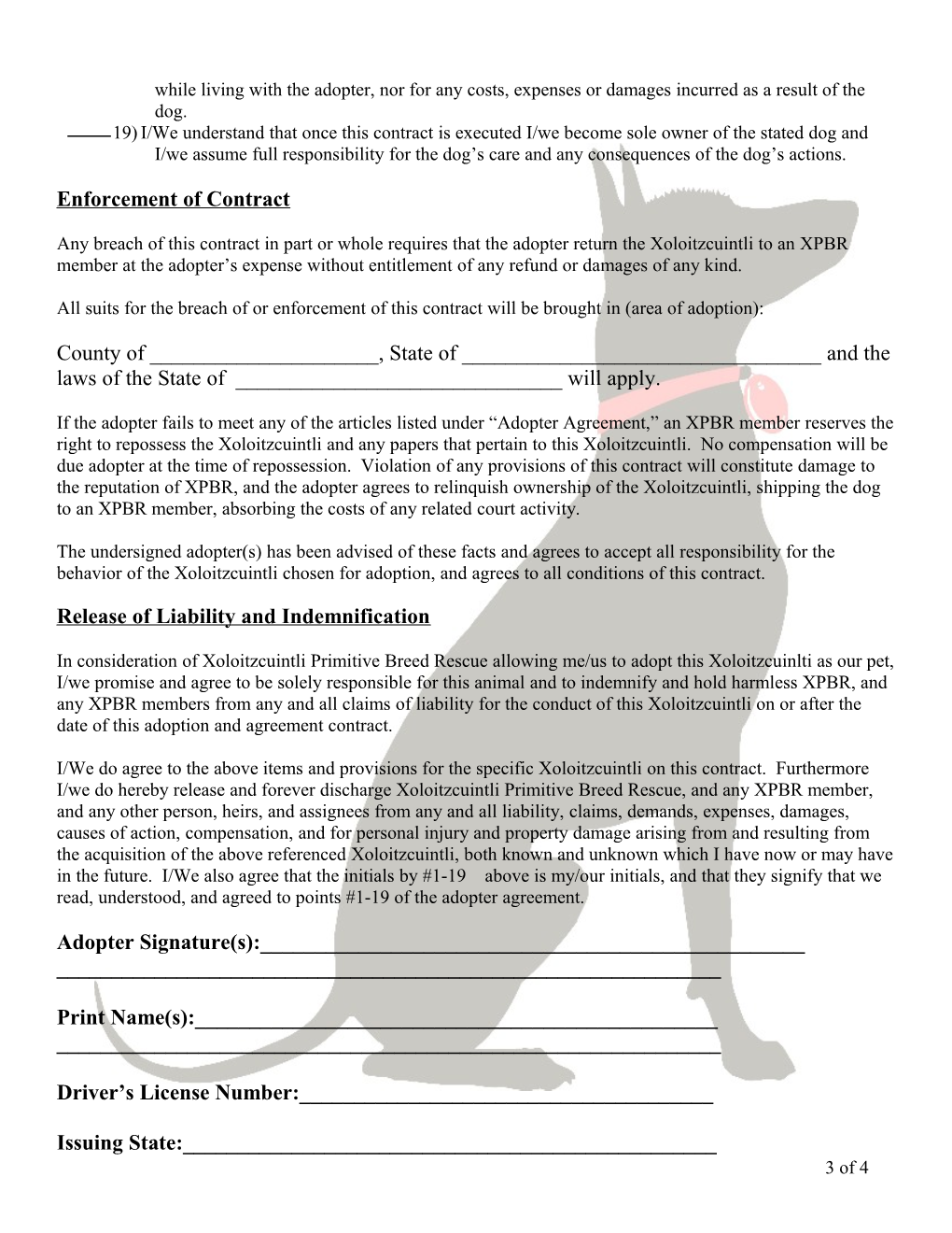 XPBR Dog Adoption Contract