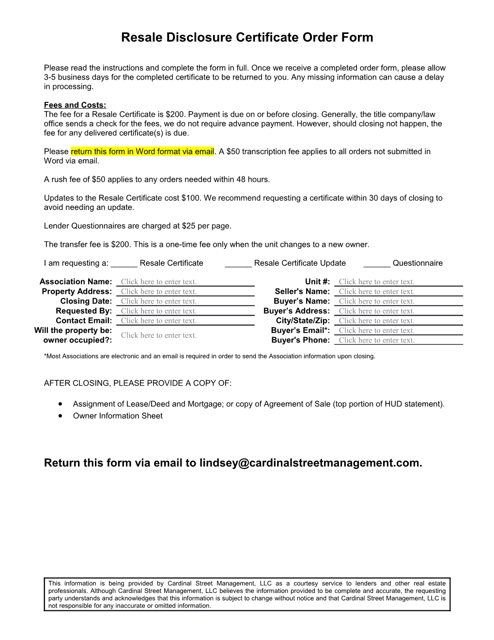 Resale Disclosure Certificate Order Form