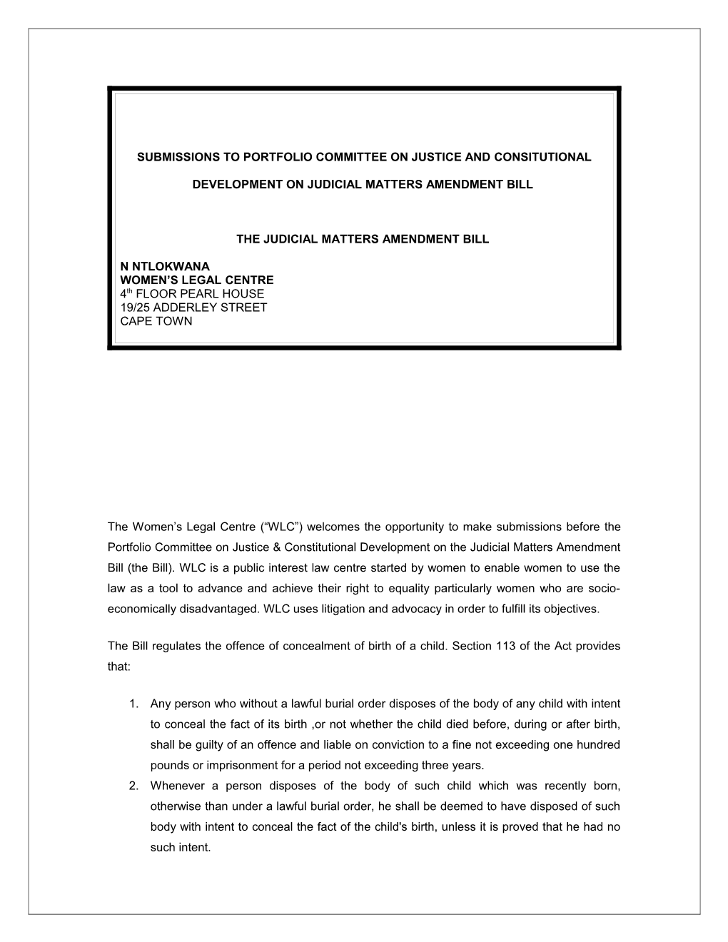 Submissions to Portfolio Committee on Justice and Consitutional Development on Judicial