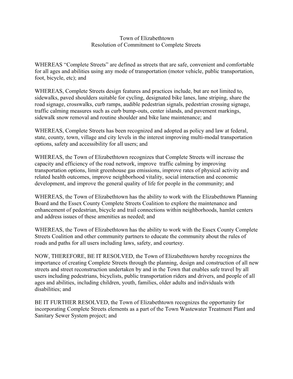 Resolution of Commitment to Complete Streets