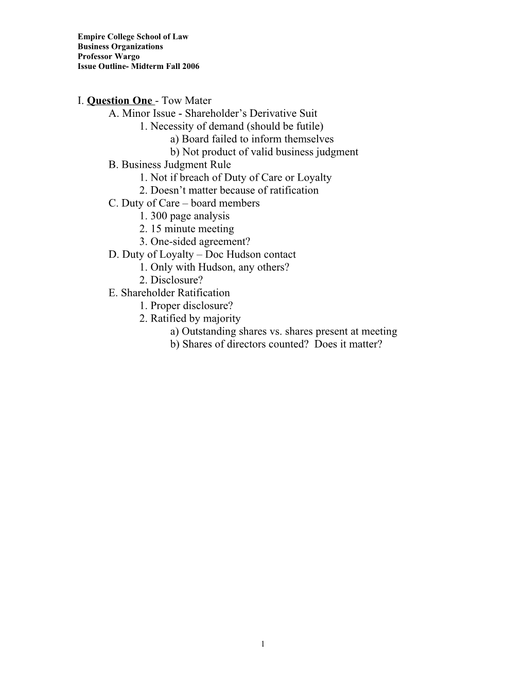 2006 Fall Business Organizations Midterm Issue Outline (00040040)