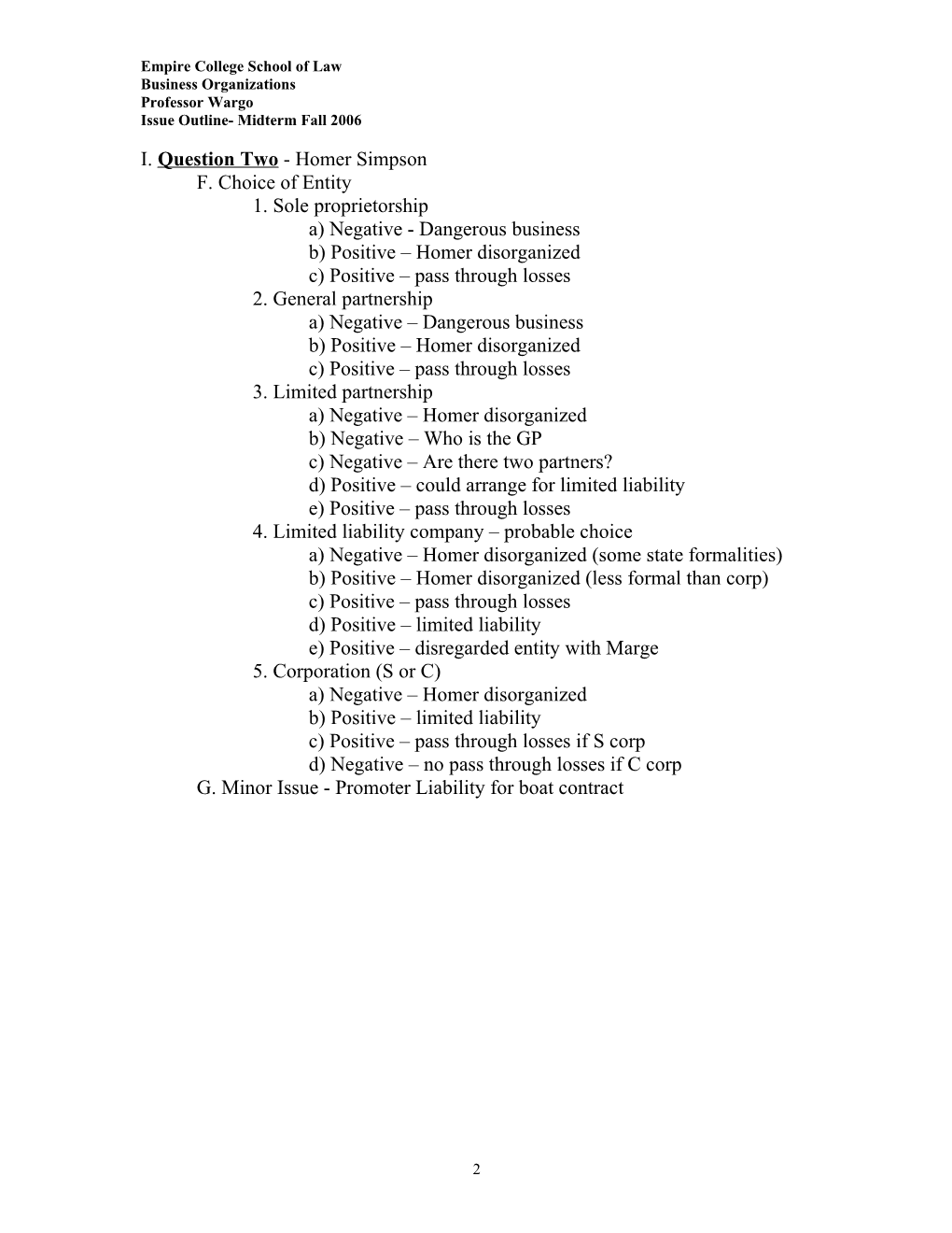 2006 Fall Business Organizations Midterm Issue Outline (00040040)