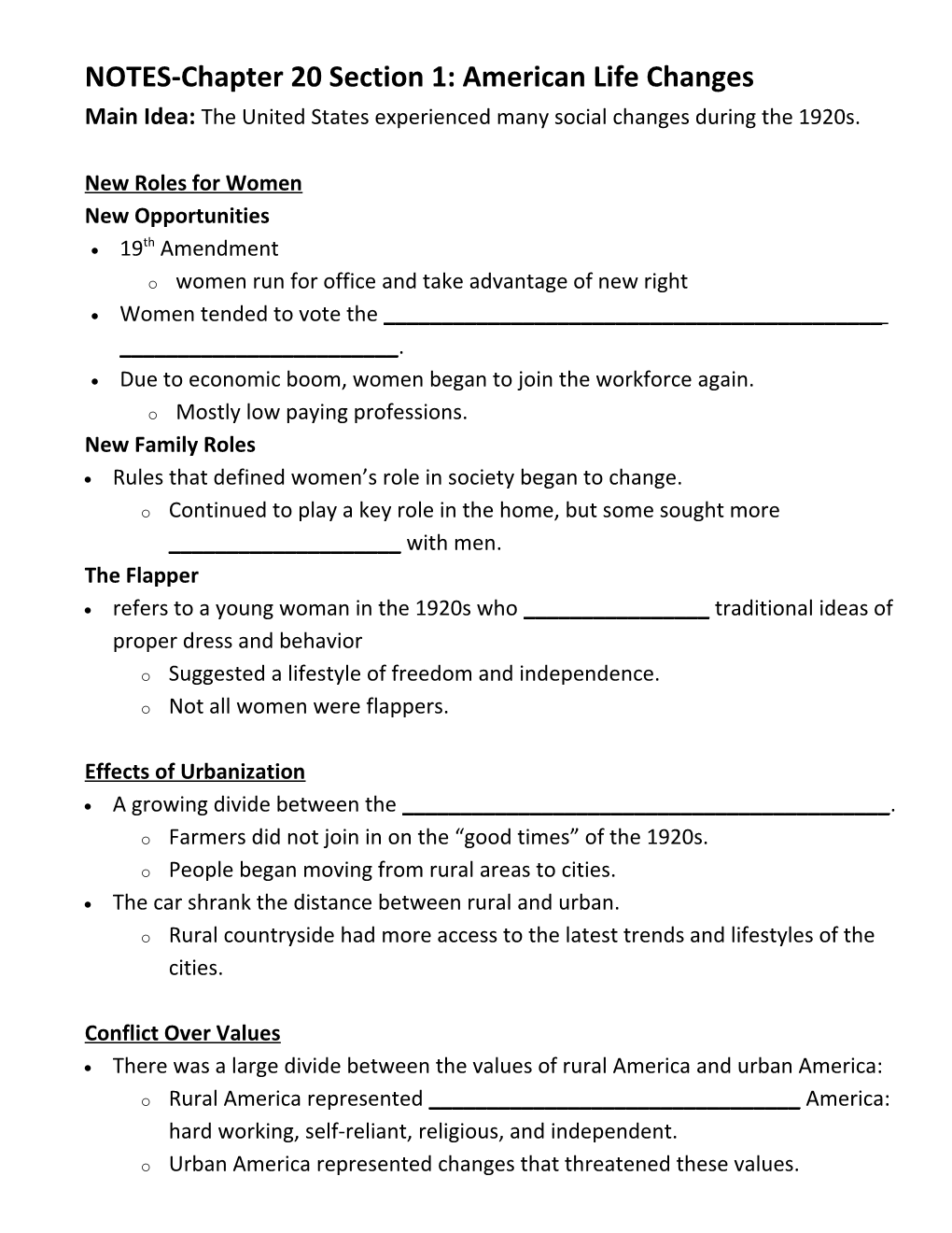 NOTES-Chapter 20 Section 1: American Life Changes