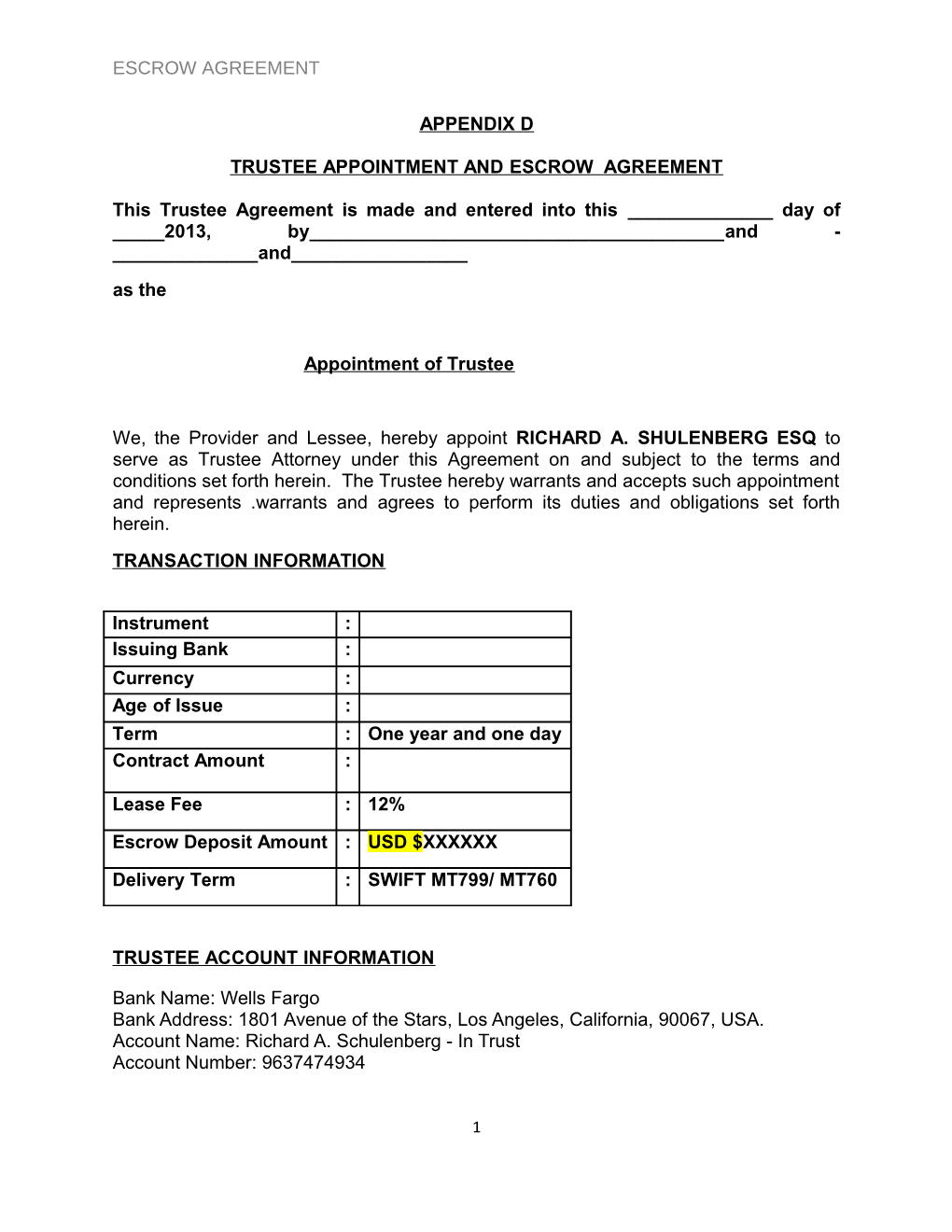 Trustee Appointment and Escrow Agreement
