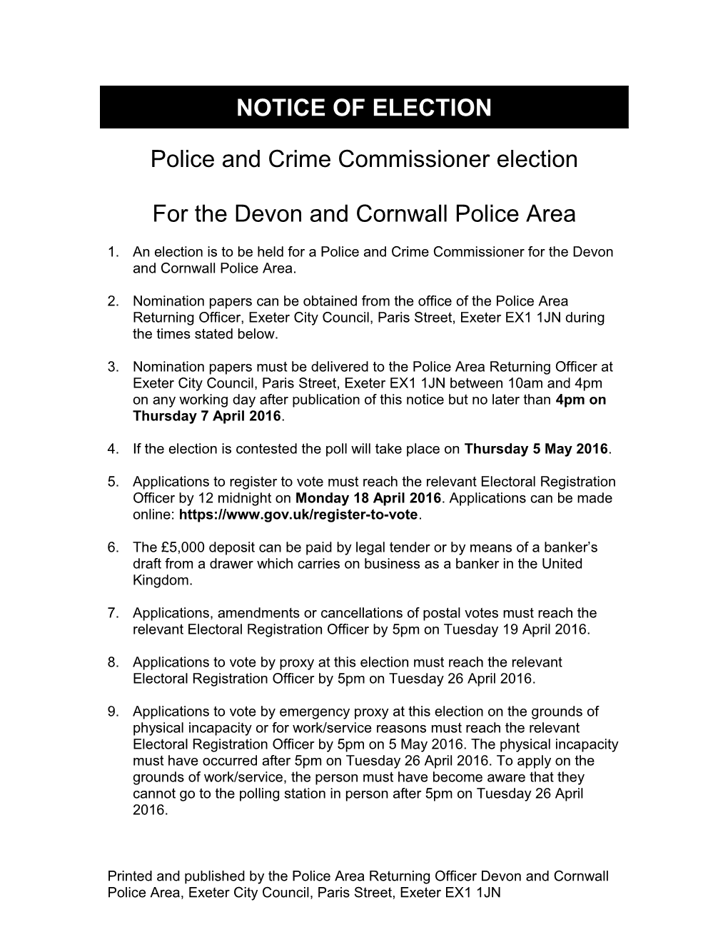 PCC Notice of Election