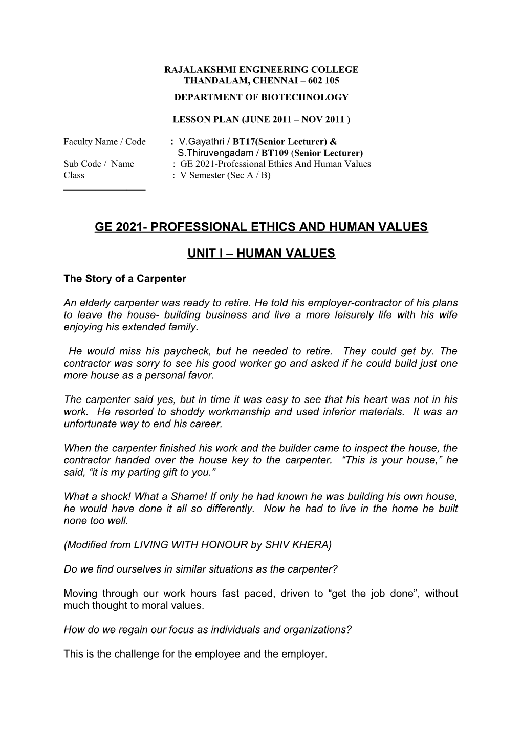 Ge 2201- Professional Ethics and Human Values