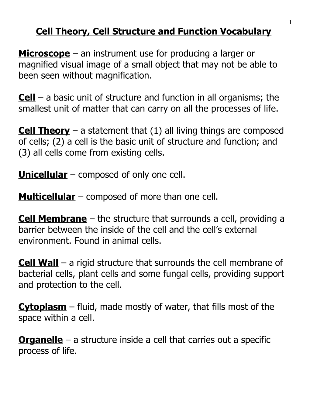 Cell Theory, Cell Structure and Function Vocabulary