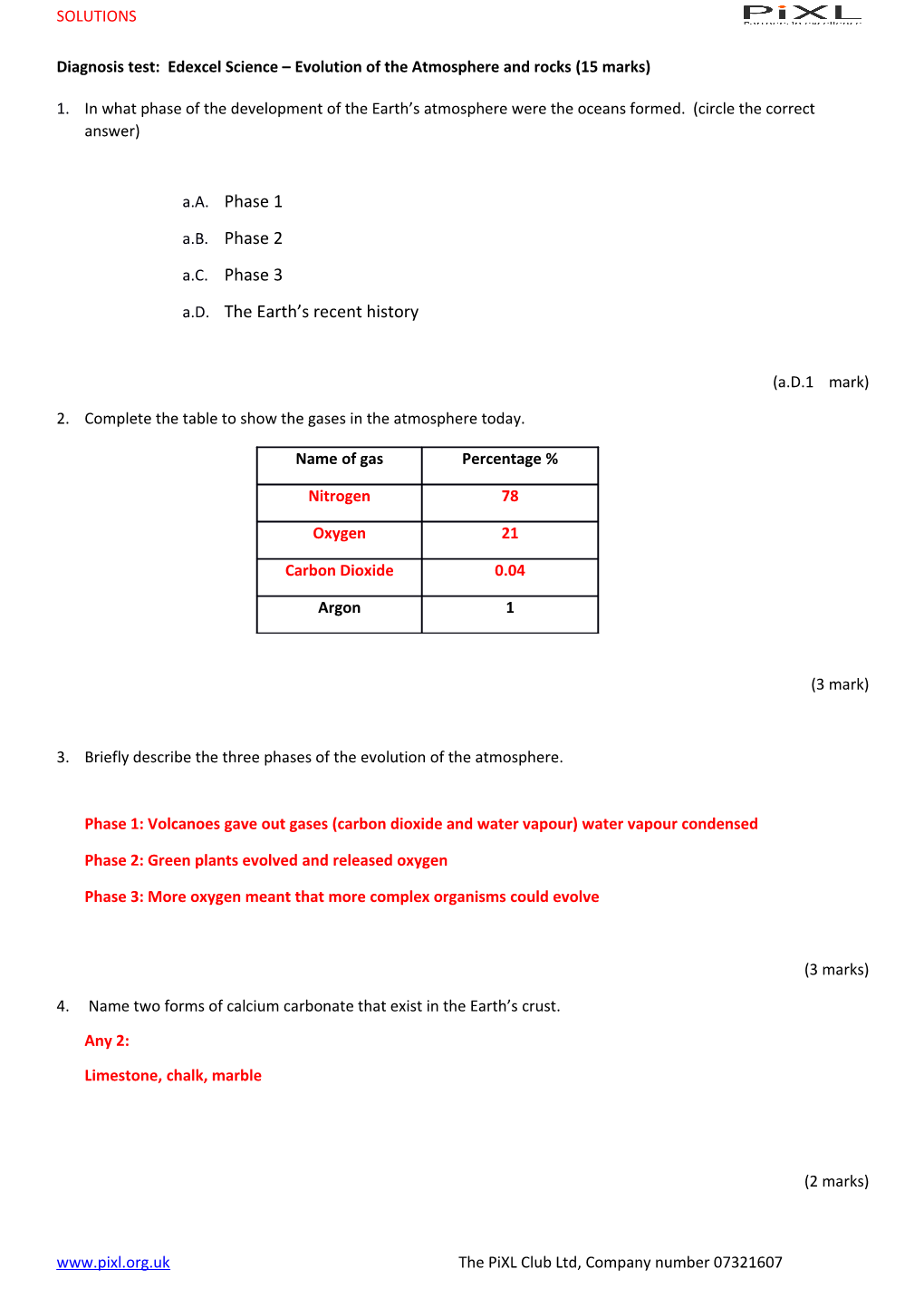 Diagnosis Test: Edexcel Science Evolution of the Atmosphere and Rocks (15 Marks)