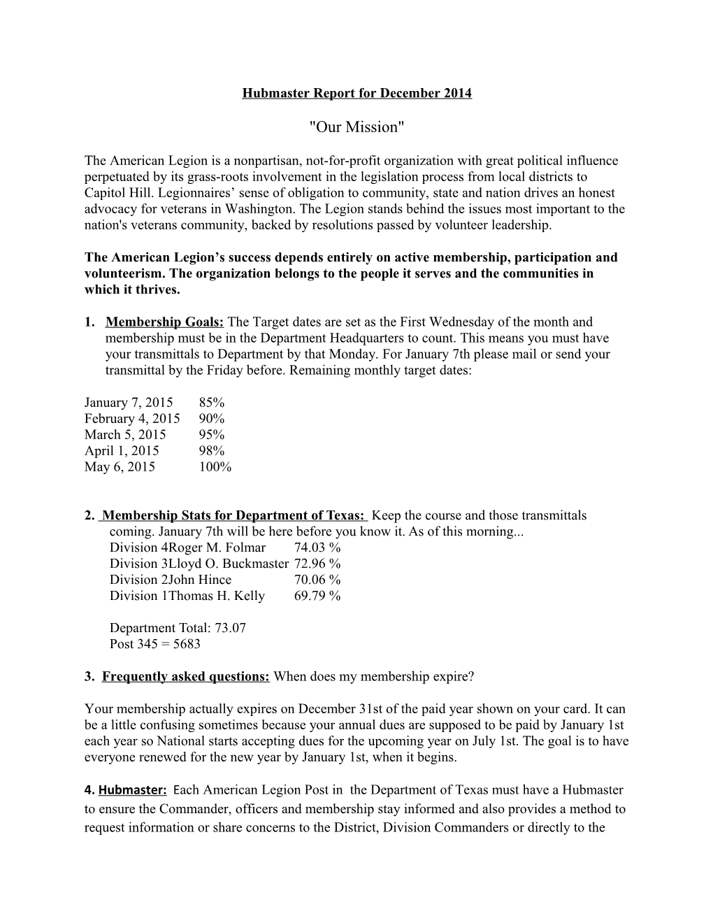 Hubmaster Report for December 2014