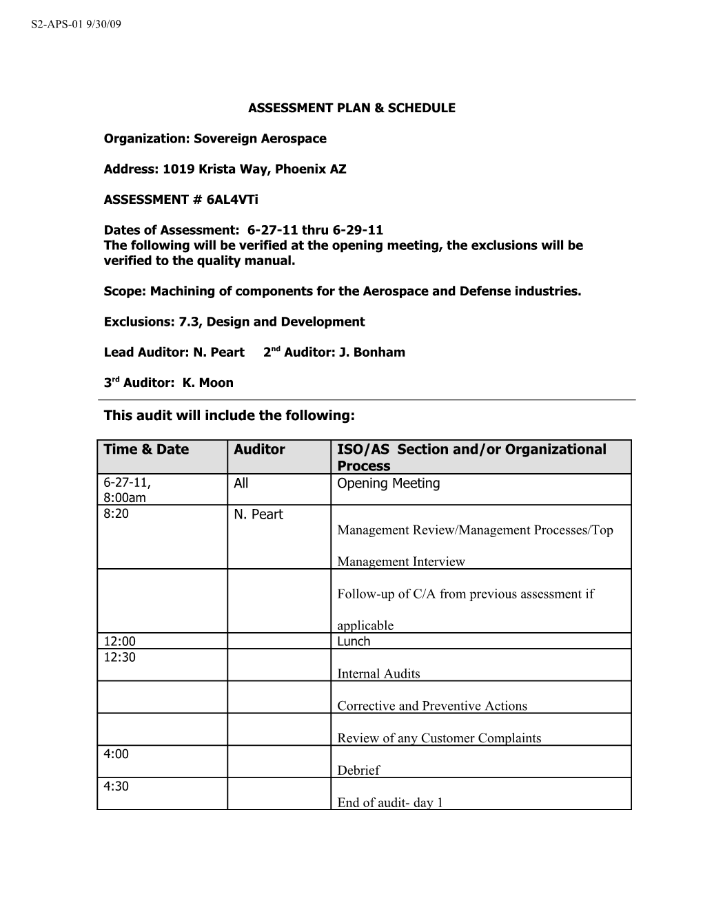 Initial Assessment Plan & Schedule