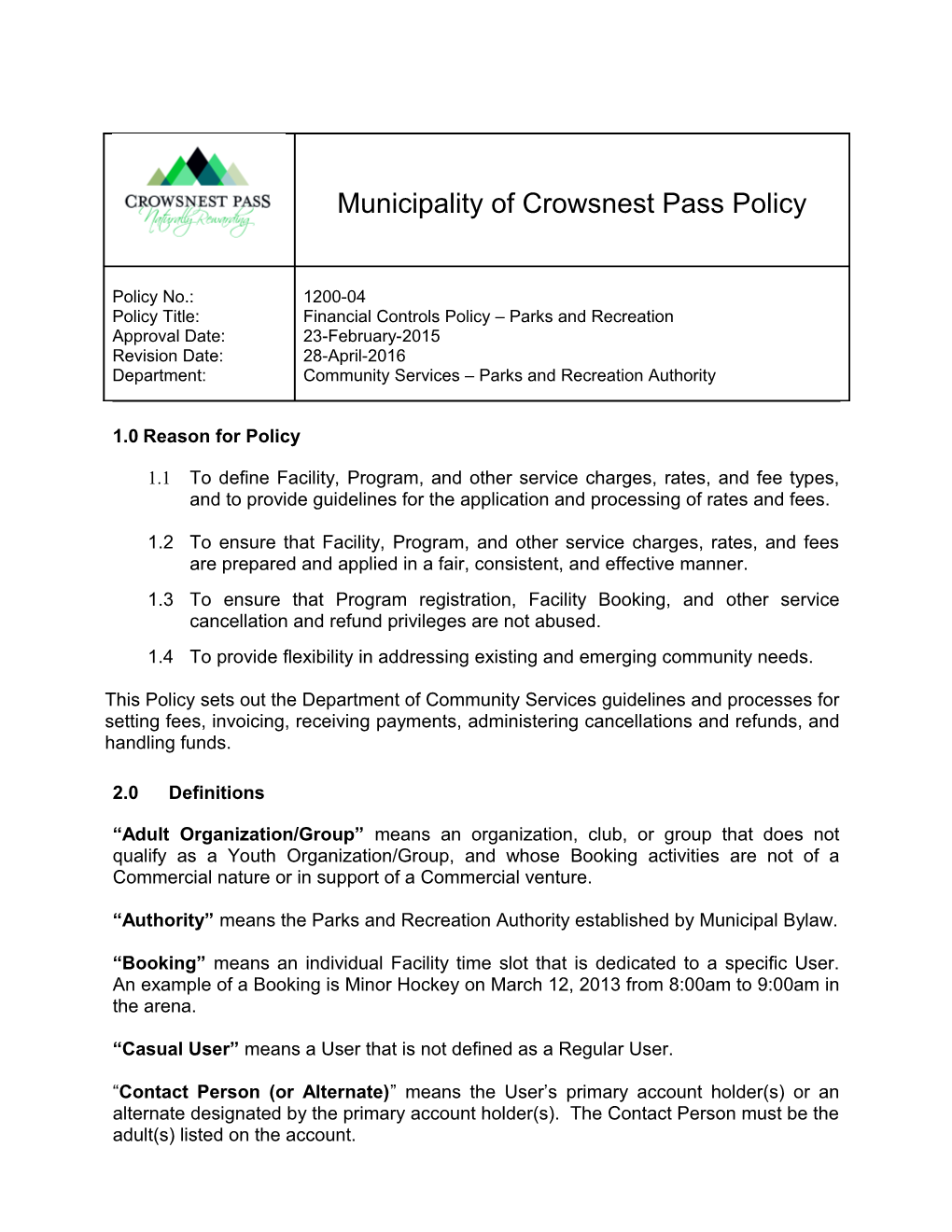 Municipality of Crowsnest Passfinancial Controls Policy