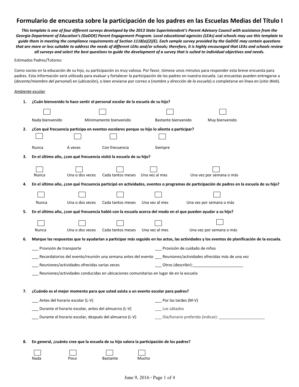 Middle School Title I Parent Involvement Survey Template