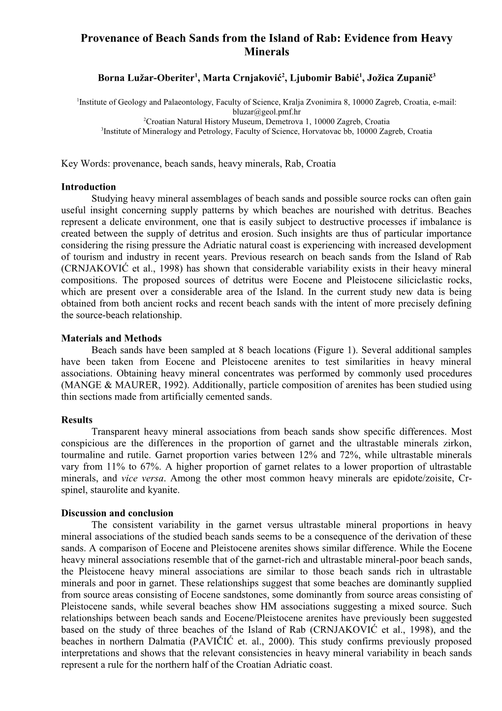 Provenance of Beach Sands from the Island of Rab: Evidence from Heavy Minerals