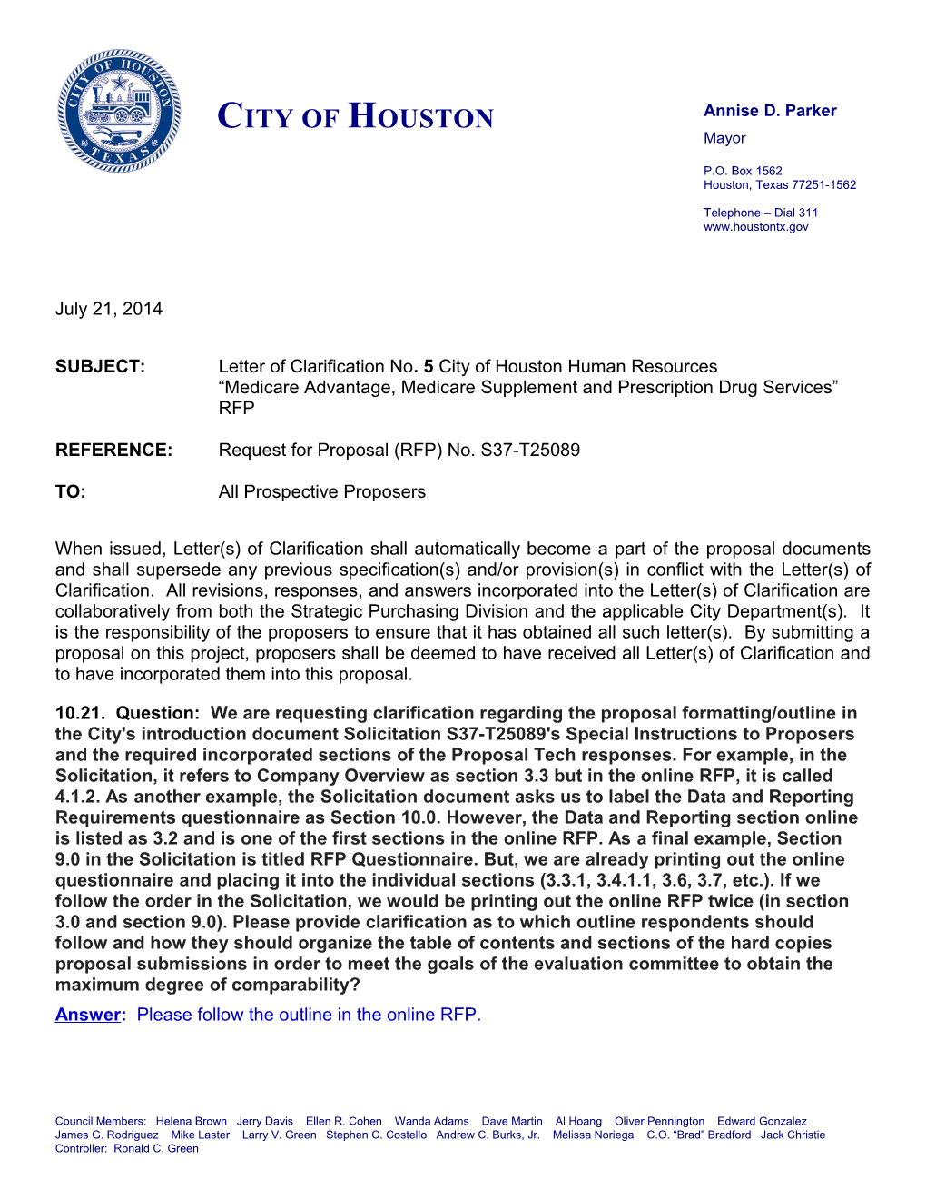 SUBJECT:Letter of Clarification No. 5 City of Houston Human Resources