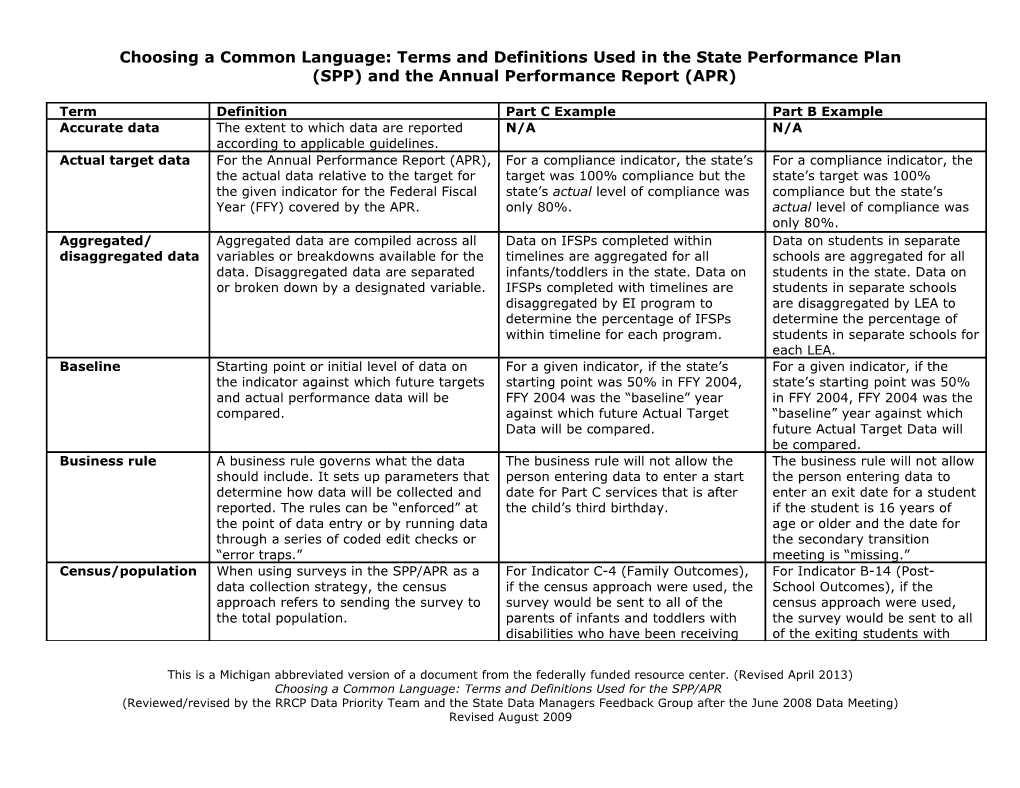 Choosing a Common Language: Terms and Definitions Used in the State Performance Plan (SPP)