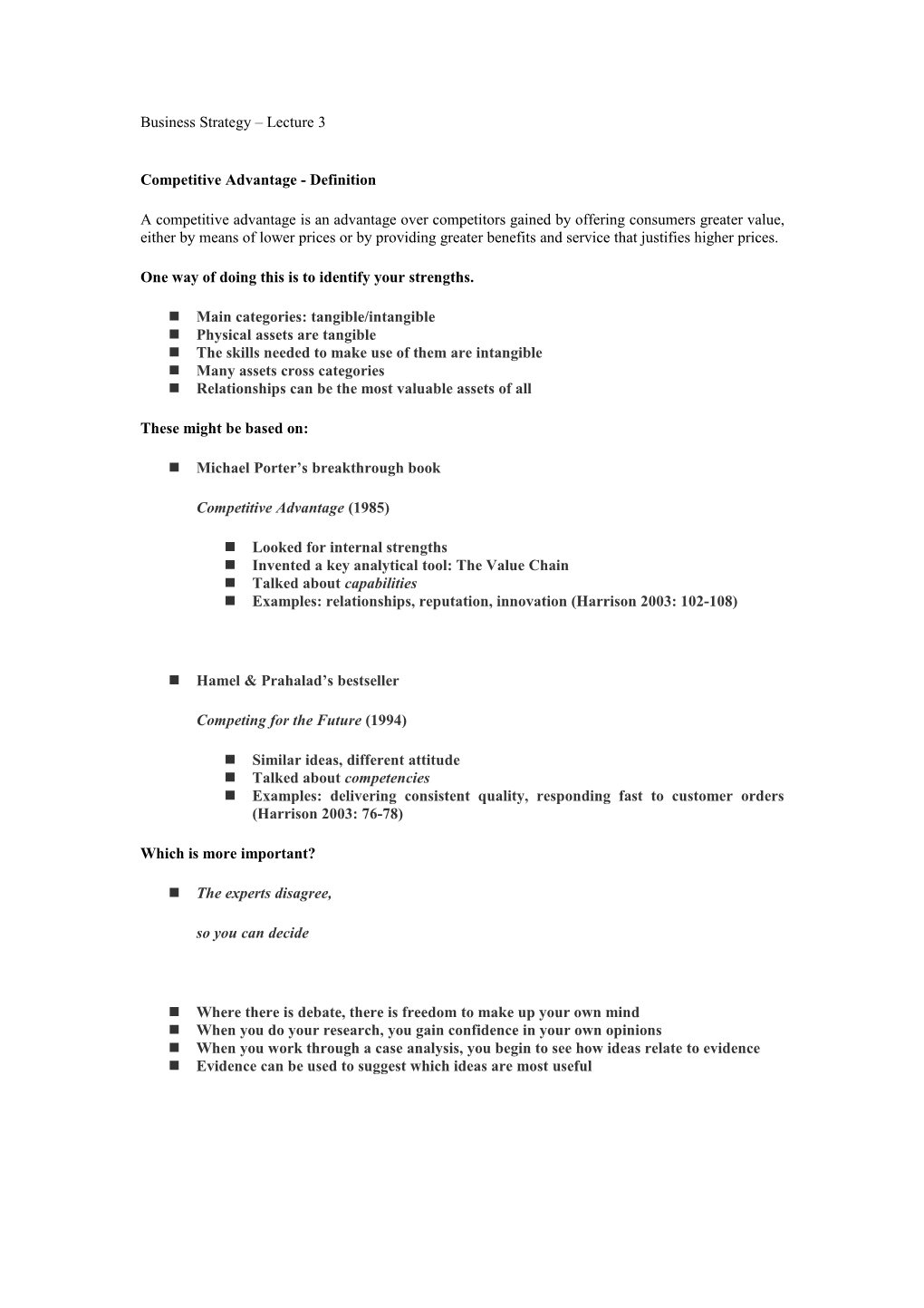 Business Strategy Lecture 3 Worksheet