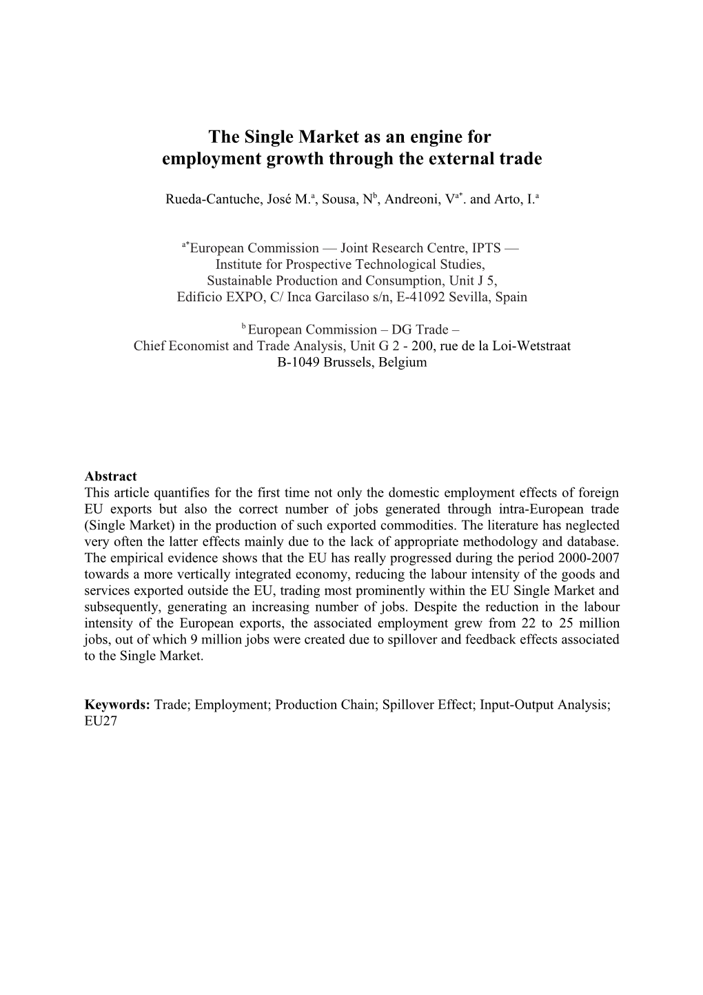 This Paper Quantifies the Total Employment Generated in EU by the Extra European Export