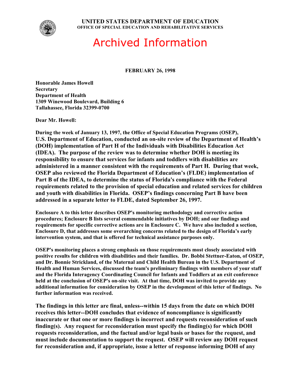 Archived: Letter from OSEP's Thomas Hehir to FL DOH