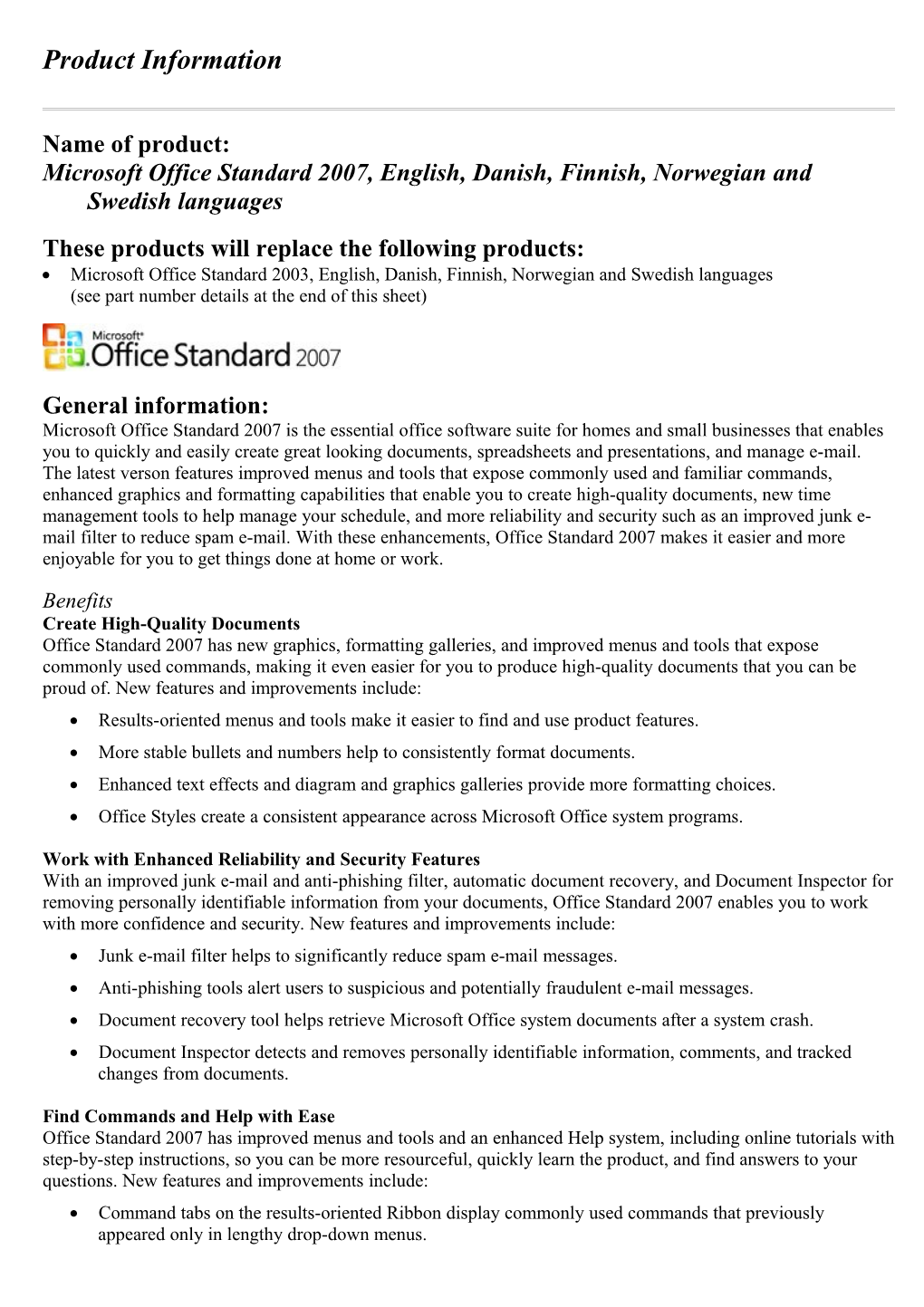 Microsoft Office Standard 2007,English, Danish, Finnish, Norwegian and Swedish Languages