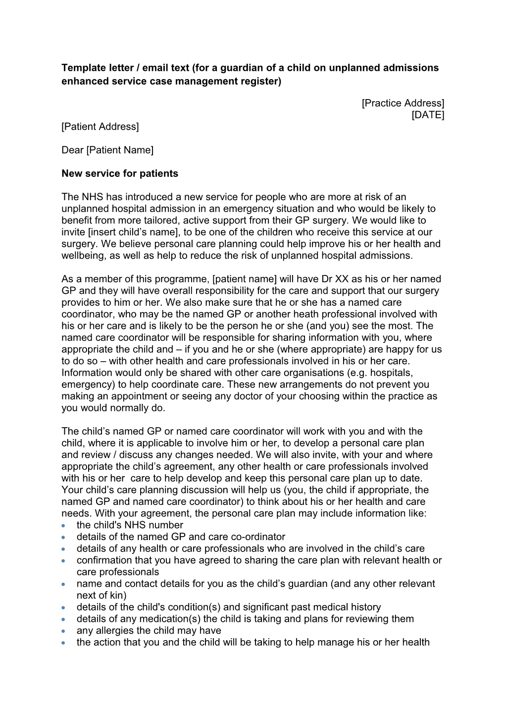 Template Letter / Email Text (For a Guardian of a Child on Unplanned Admissions Enhanced