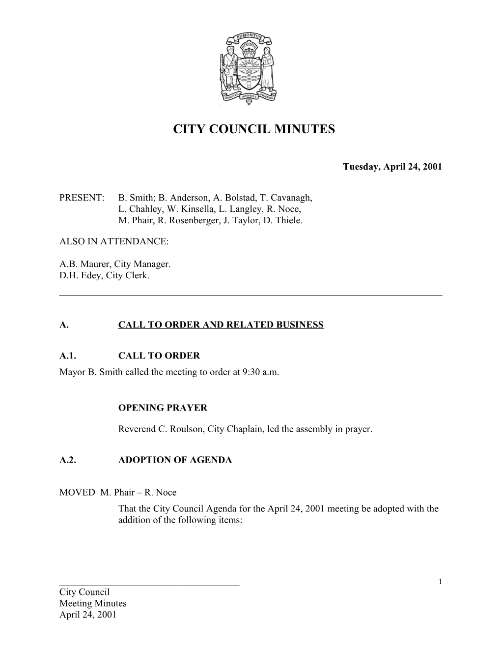 Minutes for City Council April 24, 2001 Meeting