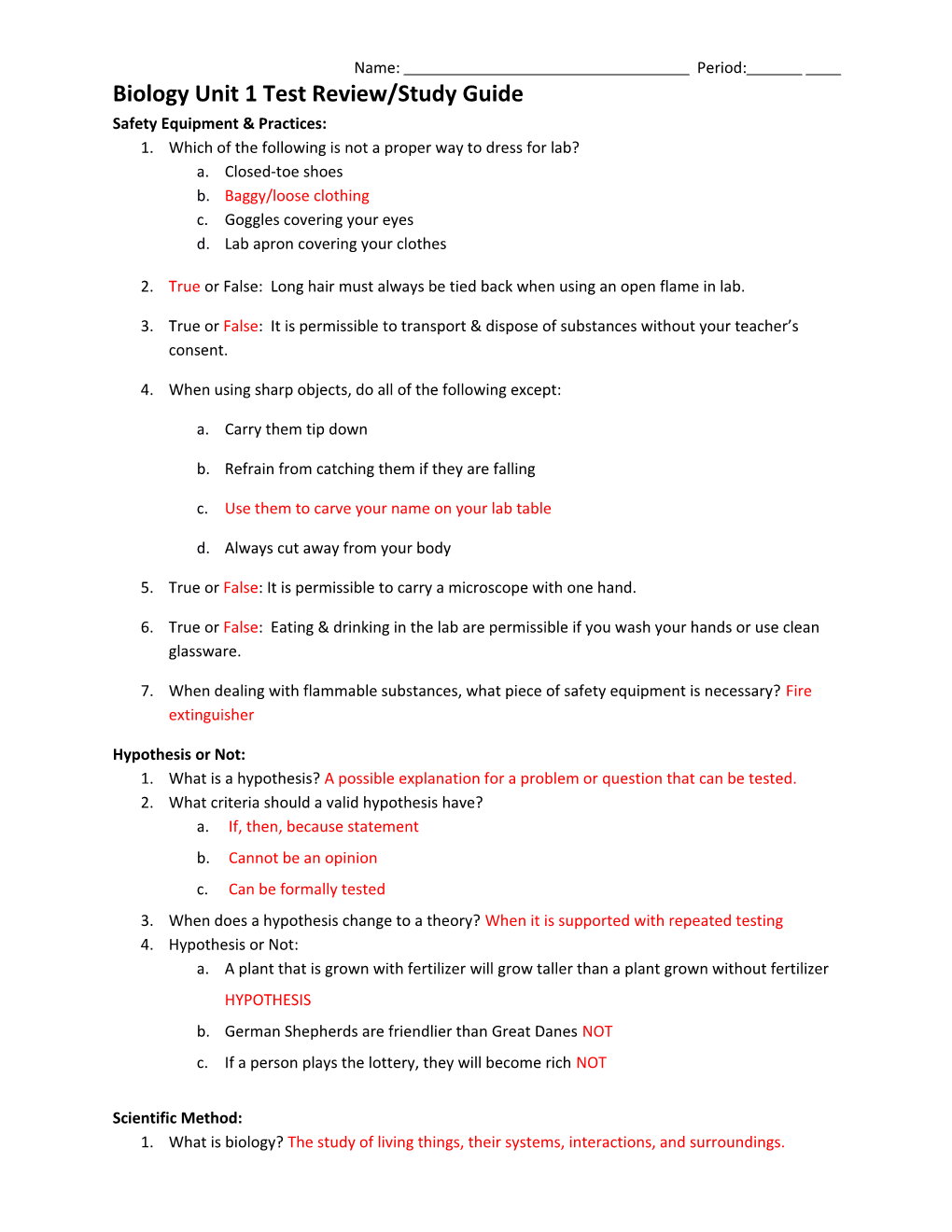 Biology Unit 1 Test Review/Study Guide