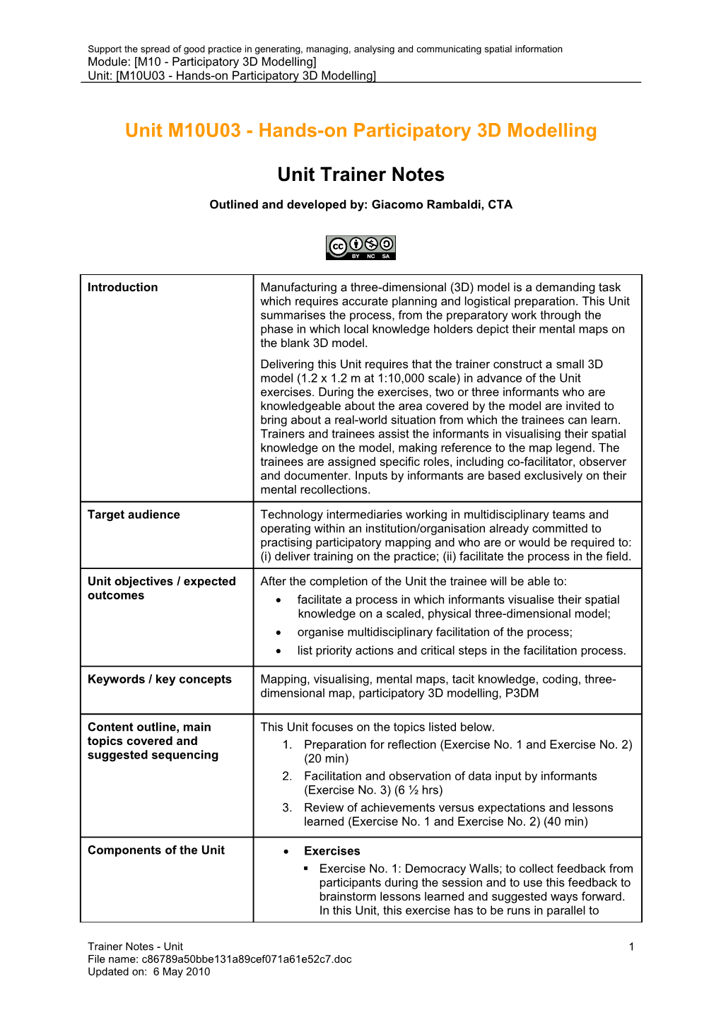 Unit Trainer Notes - Hands-On Participatory 3D Modelling