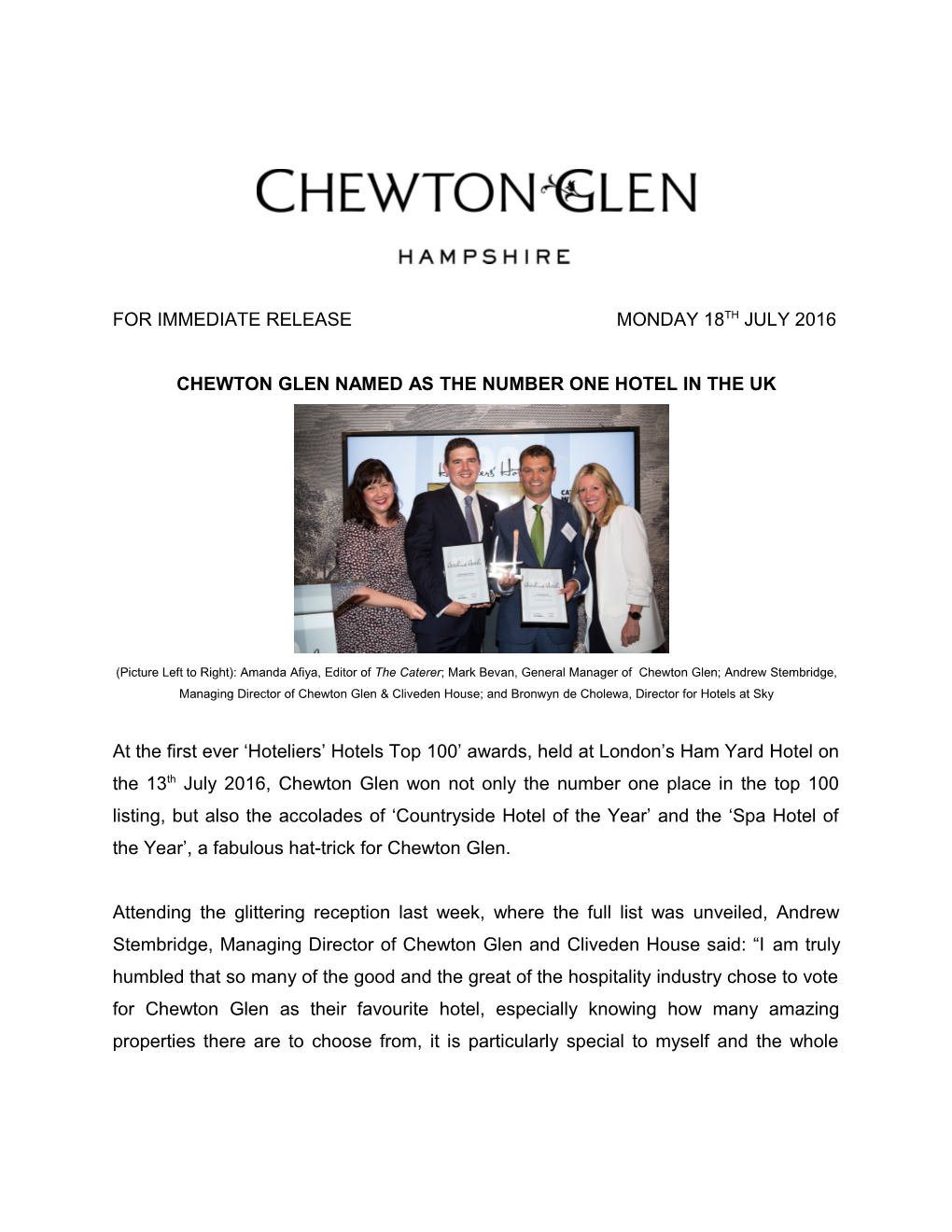 Chewton Glen Named As the Number One Hotel in the Uk