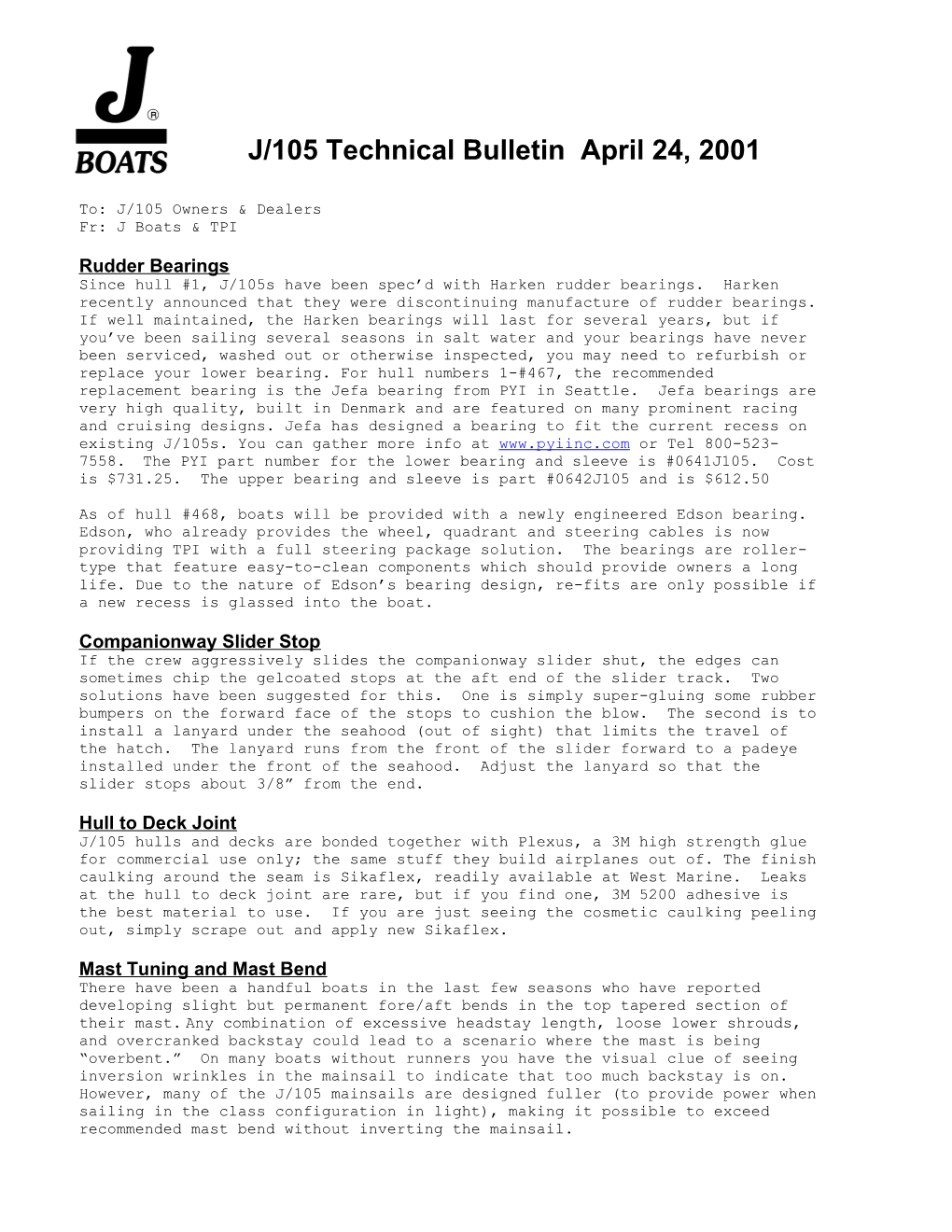 J/105 Technical Bulletin April 24, 2001
