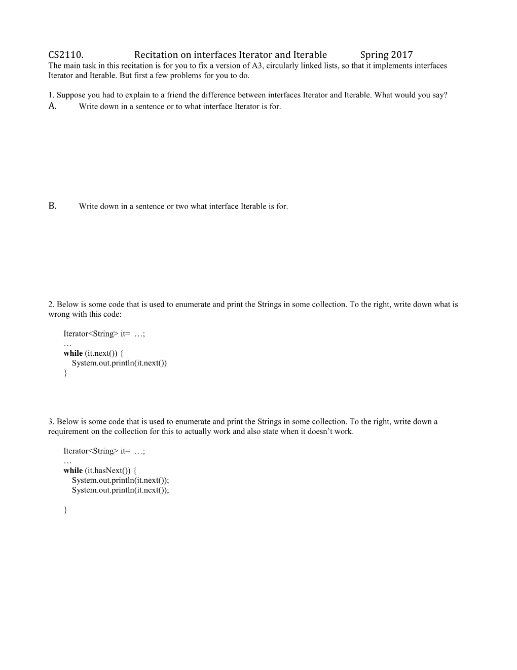 CS2110. Recitation on Interfaces Iterator and Iterablespring 2017