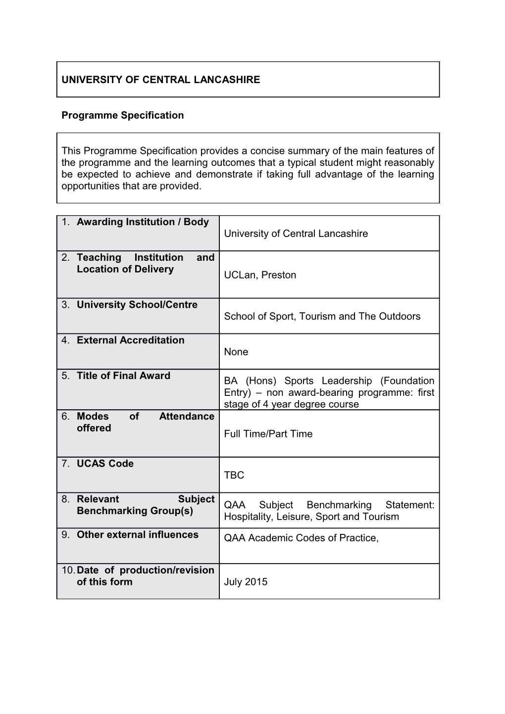 BA (Hons) Sports Leadership (Foundation Entry) (Sept 2015)