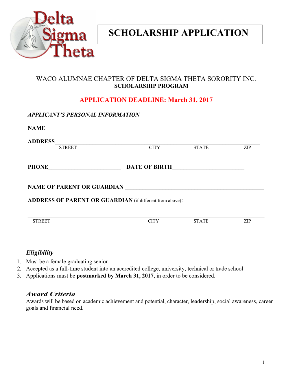 Waco Alumnae Chapter of Delta Sigma Theta Sorority Inc. Scholarship Program
